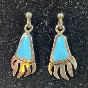 Turquoise Bear Claw Pierced Earrings by Mary Yazzie Vintage New Old Stock Sterling