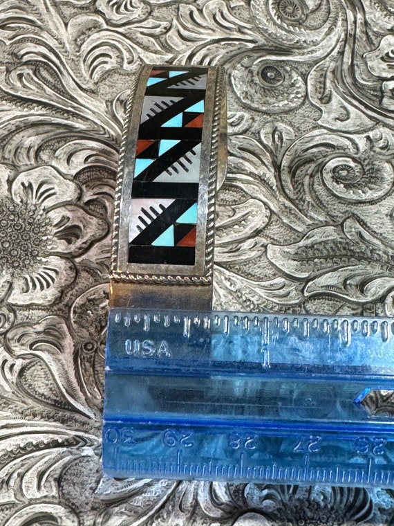 Vintage Zuni Inlay Cuff Bracelet: Turquoise, Cora… - image 7