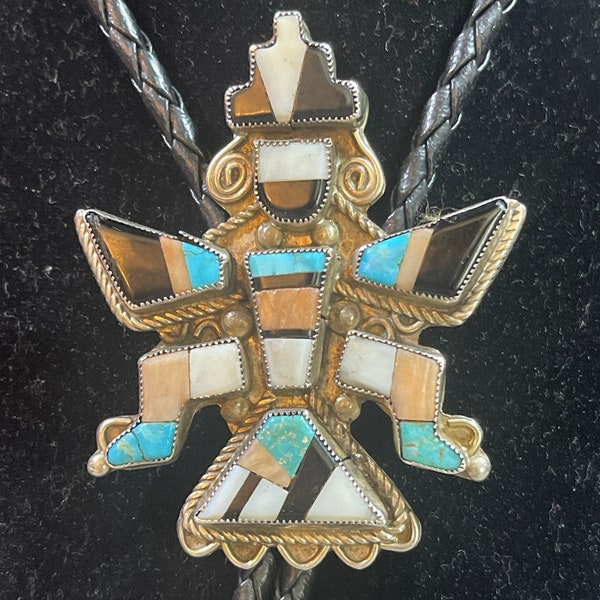 Vintage Zuni Turquoise Multi Stone Inlay Knifewing Figure Bolo Tie