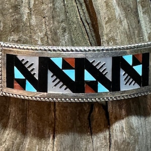 Vintage Zuni Inlay Cuff Bracelet: Turquoise, Coral, Mother of Pearl