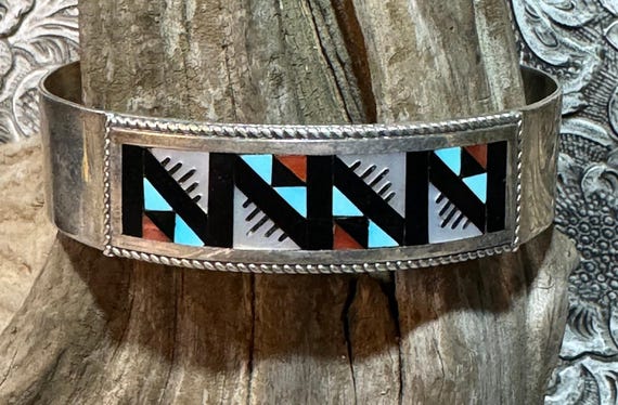 Vintage Zuni Inlay Cuff Bracelet: Turquoise, Cora… - image 1