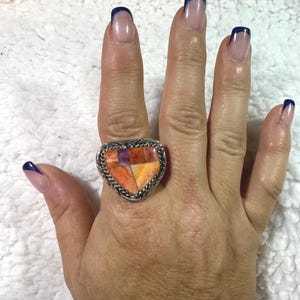 Spiny Oyster Geometric Inlay Navajo Southwest Style Ring Size 10