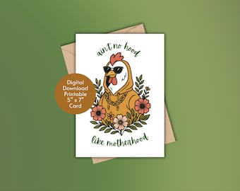 Funny Card for Mom | Ain't No Hood Like Motherhood | Birthday | Baby Shower | New Mom | Printable | Mother Hen | Chicken