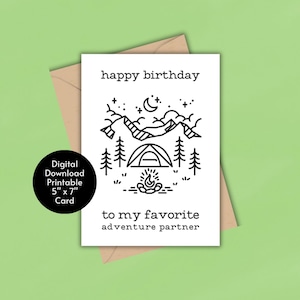 Feliz aniversário para meu parceiro de aventura favorito | Amante da natureza ao ar livre | Marido e esposa | Namorado e namorada | Aniversário | Saudação para impressão