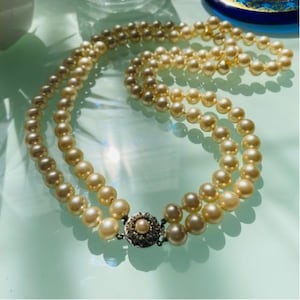 Vintage Glossy Cream Colored Double Strand Faux Pearl Decorative Rhinestone Silver Tone Metal Clasp Necklace
