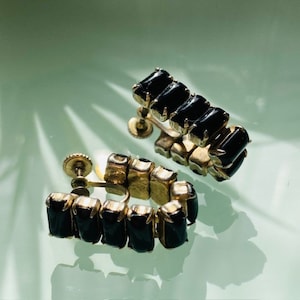 Vintage Silver Tone Black Nine Baguette Cut Screw-back Earrings