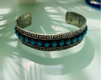 Unique Greek 900 Silver 26 Turquoise Beads Vintage Adjustable Cuff Bracelet