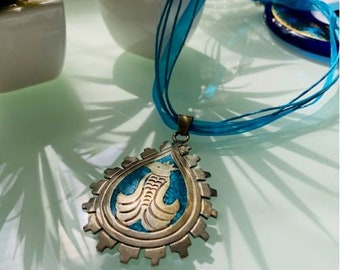 Vintage Mexican Alpaca Turquoise Inlay Silver Tone Teardrop Large Pendant with Turquoise Colored Ribbon & String Necklace