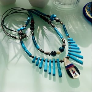 Turquoise Pearl Navajo Vintage Silver Necklace with Two Strands of Silver and Gemstone Beads with Animal Shaped Turquoise, Screw Clasp