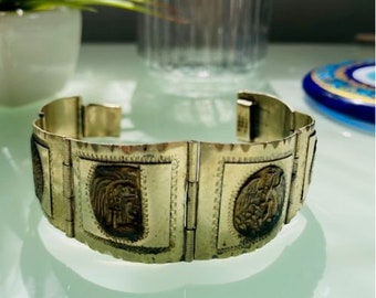 Vintage Mexico Taxco 6 Linked Themed Aztec/Mayan Two Toned Panels, Sterling Silver, Gold Finish Push-in Clasp Bracelet