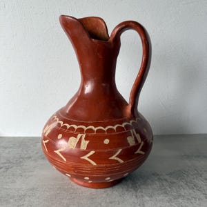 Vintage Hand-Painted Terracotta Pitcher / Jug | Southwestern Folk Pottery Dry Vase | Made in Mexico