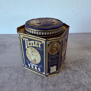 Vintage Tetley Tea Tin | Hexagon Blue Gold Canister, Joseph & William Tetley Portraits, British Advertising Decor | Made in England