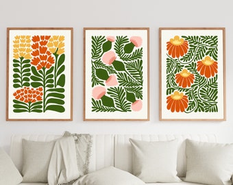 Floral Wall Art Set of 3 prints as a  Botanical Poster Print | Beautiful Floral Poster Print Set |3 Piece Wall Art | Mid century wall art