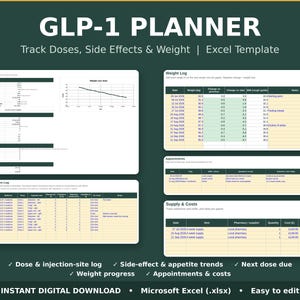 Może przedstawiać: Cyfrowy szablon Excel GLP-1 Planner zawierający pulpit nawigacyjny, dziennik wagi, dziennik leków, harmonogram wizyt i arkusz kosztów. Układ zawiera tabele i wykres postępu wagi na ciemnozielonym tle z białym tekstem.