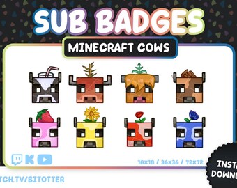 Insignias de suscripción de Twitch de Minecraft Cows / Vacas Kawaii / Paquete de 8 insignias de suscripción
