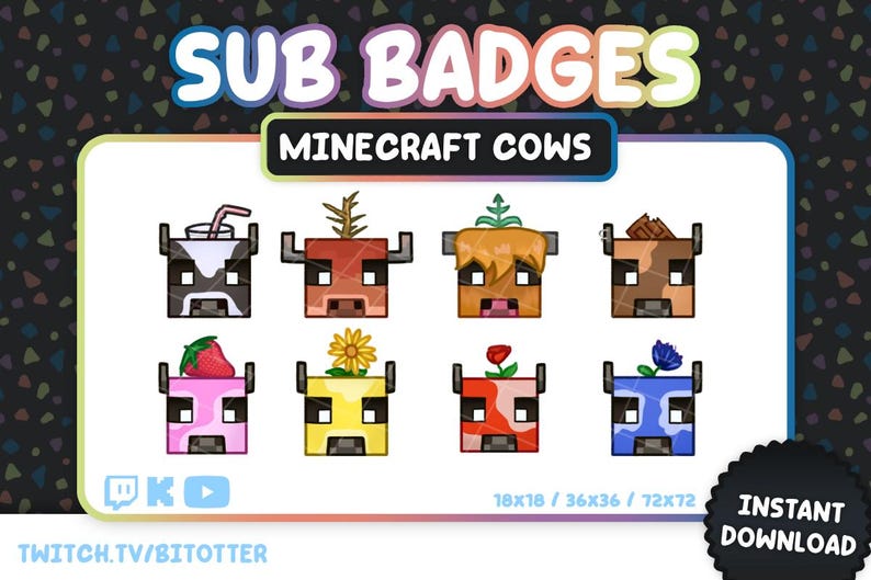 以下が含まれることがあります： 8つのMinecraftの牛をテーマにしたサブバッジのデジタルダウンロードグラフィック。各牛は、飲み物、植物、花など、ユニークなデザインです。「SUB BADGES」と「MINECRAFT COWS」の文字が上部に表示されています。