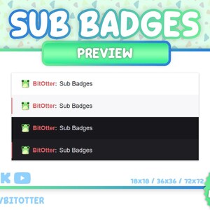 Puede incluir: Una vista previa digital de insignias de suscripci&oacute;n de Twitch, con una mascota de rana. El dise&ntilde;o incluye el texto "SUB BADGES" y "PREVIEW" en un degradado azul y verde. La vista previa muestra las insignias en tama&ntilde;os de 18x18, 36x36 y 72x72. La imagen tambi&eacute;n incluye el texto "INSTANT DOWNLOAD".