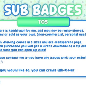 Puede incluir: Gr&aacute;fico digital con el texto "SUB BADGES" en azul y verde. La imagen incluye los t&eacute;rminos de servicio, detallando el uso de la obra de arte y el formato de archivo. El fondo presenta un patr&oacute;n de peque&ntilde;as formas coloridas. El texto incluye el nombre del artista.