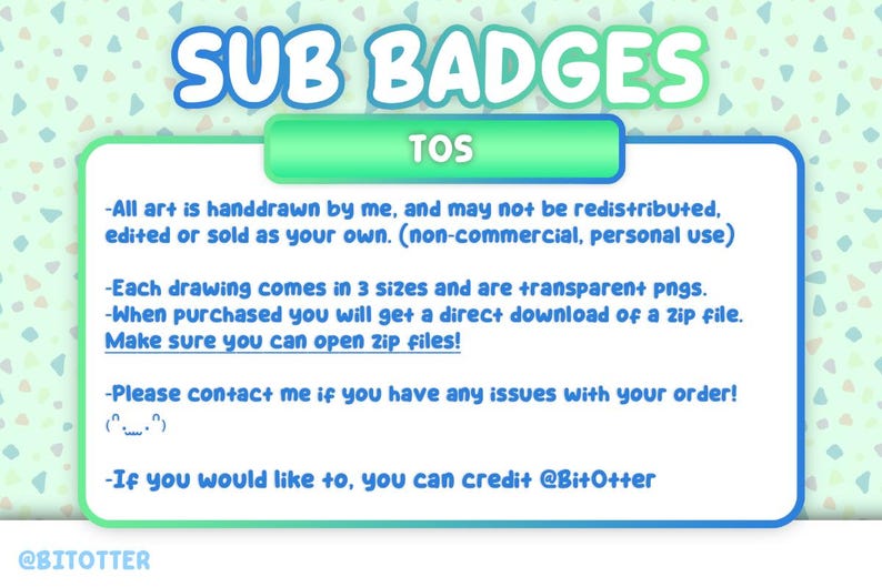 Puede incluir: Gr&aacute;fico digital con el texto "SUB BADGES" en azul y verde. La imagen incluye los t&eacute;rminos de servicio, detallando el uso de la obra de arte y el formato de archivo. El fondo presenta un patr&oacute;n de peque&ntilde;as formas coloridas. El texto incluye el nombre del artista.