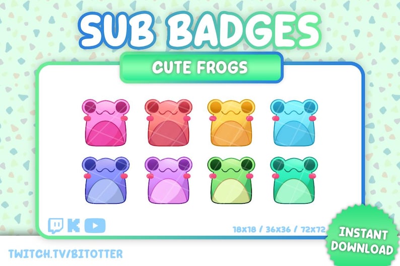 Puede incluir: Gr&aacute;fico de descarga digital con ocho insignias de suscripci&oacute;n con tem&aacute;tica de ranas. Las insignias son de varios colores, incluyendo rosa, rojo, amarillo, azul, morado y verde. El texto "SUB BADGES" y "CUTE FROGS" se muestra en la parte superior.