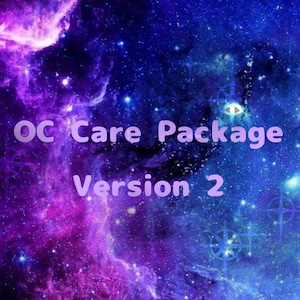 Puede incluir: Un fondo de galaxia púrpura y azul con el texto "OC Care Package Version 2" en una fuente de color púrpura claro.