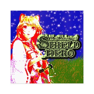 May include: Pixelated image of a character from "The Rising of the Shield Hero" anime. The character has yellow hair and wears a white and red outfit. The title of the anime is displayed in green and yellow text against a blue starry background.