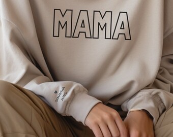 MAMA with Kid Name on Sleeve,  Customized For Her, Personalized Mama Crewneck Sweatshirt, Mom Sweatshirt, Gift for Mom, Mom Gift From Kids