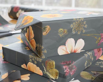 Flores sobre papel de regalo gris oscuro, flores de acuarela, papel de regalo, papel de regalo, papel de regalo floral, cumpleaños, aniversario, vacaciones
