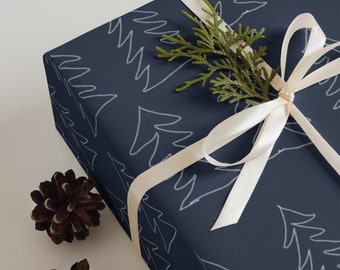 Tree Wrapping paper, Birthday gift wrap, Christmas wrapping paper, Blue and White, pine tree, trendy gift wrap