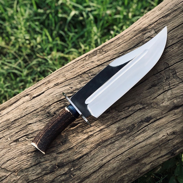 HandForged Stag Handle Bowie Knife - High Carbon Steel - Leather Sheath - Unique Hunting & Outdoor Companion - Father's Day Gift