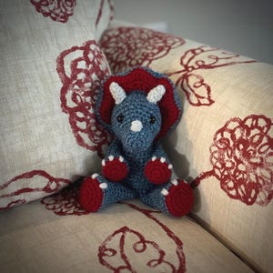 Handmade Small Stuffed Crochet Triceratops Plushie - Teal and Red
