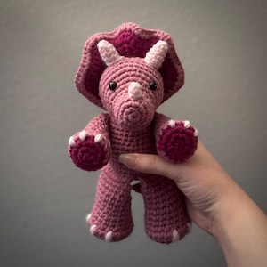 Handmade Small Stuffed Crochet Triceratops Plushie - Pink and Dark Pink