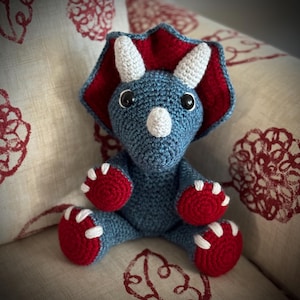 Handmade Large Stuffed Crochet Triceratops Plushie - Teal and Red
