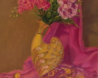 Regal Magnificence: Magenta Blooms and Gilded Delights, handmade oil on canvas painting, 18 (W) * 24 (H) * 1 (D), still life painting