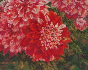 Dahlia Conference, handmade oil on canvas painting
