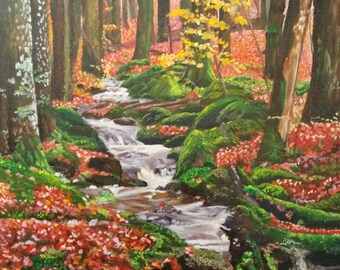 川の風景画プリント、小川の風景水彩画、川の水彩画、森の絵画