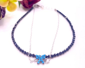 Schwarzes Spinell- und Türkis-Schmetterlings-Silberarmband