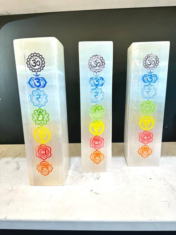 White Selenite With Art Chakra Symbols w/ Light Bulb Home Decor