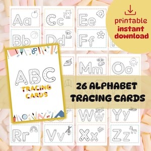 Op de afbeelding: Een set van 26 alfabet traceerkaarten voor kinderen. Elke kaart toont een letter van het alfabet met een bijbehorende afbeelding. De kaarten zijn ontworpen om te traceren en te leren, met de woorden "ABC Tracing Cards" erop.