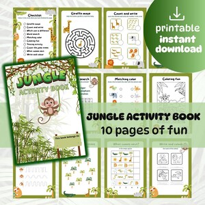 Op de afbeelding: Een kleurrijk Jungle Activity Book met 10 pagina's plezier. De omslag toont een aap die aan een liaan slingert. Binnenin zijn er doolhoven, kleurplaten en bijpassende activiteiten. Het boek bevat de tekst "direct downloaden en printen".