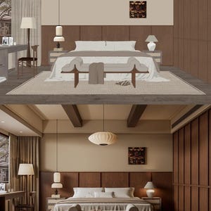Könnte beinhalten: Ein Schlafzimmer-Interieur mit einem großen Bett, weißer Bettwäsche und einer Bank. Der Raum verfügt über Holzvertäfelungen, eine neutrale Farbpalette und dekorative Beleuchtung. Ein Schreibtisch und ein Stuhl sind in der Ecke zu sehen.