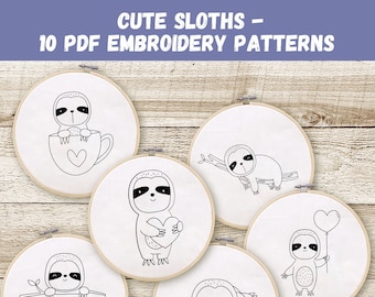 Embroidery PDF Pattern, Cute Sloths, Hoop Art, Hand Embroidery, Modern Embroidery, DIY Sloth, Embroidery for beginners, Instant Download