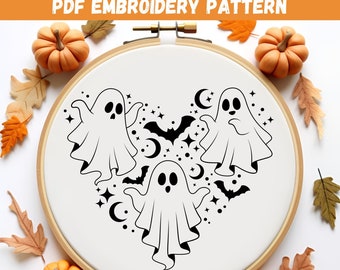 Heart of Ghosts Embroidery Pattern, Cute Halloween DIY (PDF), Modern Hand Embroidery For Beginners, Halloween Hoop Art