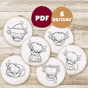 PDF Stickdatei, Highland Cow, Cute Cow Pattern, Hoop Art, Handstickerei, moderne Stickerei, Stickerei für Anfänger, Instant Download