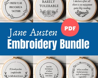 Jane Austen Embroidery Pattern Bundle (PDF), Pride And Prejudice, Bookish Stitch, Modern Hand Embroidery Designs, Book Lover DIY