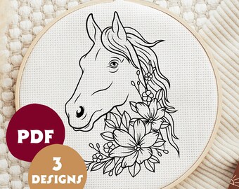 Blommig hästbroderimönster, Modern DIY-konst (PDF), Handbroderidesigner