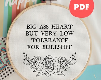 Grappig borduurpatroon pdf, Big Ass Heart, subversieve Snarky Hoop Art, borduurontwerpen voor beginners