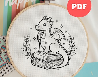 Buch Drache, Stickdatei, Handstickerei, Modern Hoop Art