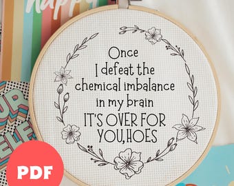 Sassy Embroidery Quote PDF, Once I Have Defeated, steekontwerp geestelijke gezondheid, subversieve hoepelkunst, modern handborduurwerk