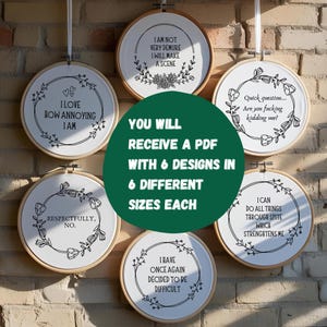 May include: Six embroidery hoop designs with various funny and sarcastic sayings. The designs are in black and white and feature floral wreaths. The text includes "I love how annoying I am", "I am not very demure I will make a scene", "Respectfully, no", "I have once again decided to be difficult", "Quick question... Are you fucking kidding me?" and "I can do all things through spite which strengthens me".